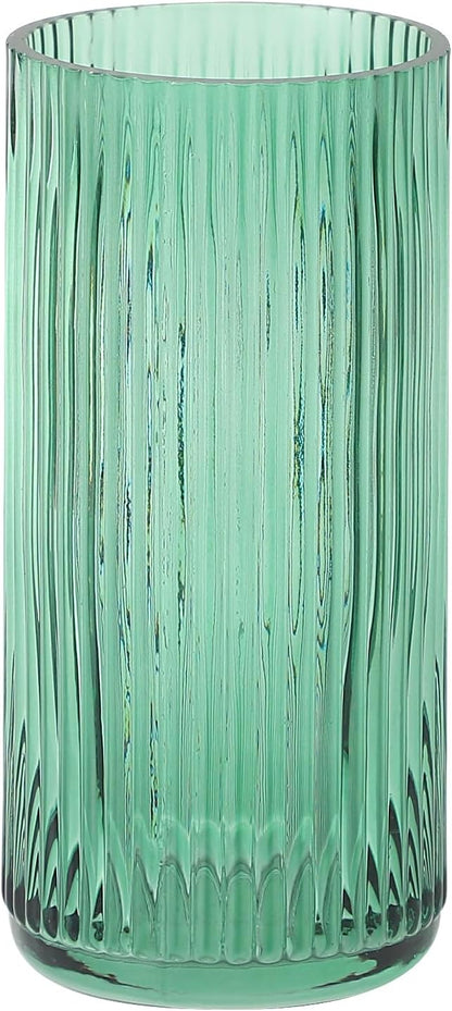 Ribbed Glass Vase, Flower Vases for Bouquet, Green Glass Vases for Flowers, Modern Ribbed Vase for Living Room, Bathroom, Dining Table, Office, Wedding, Centerpieces, 8 Inches
