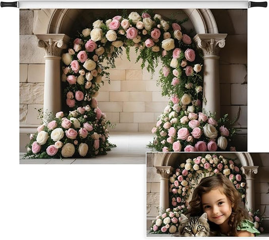 7x5ft Retro White Pink Floral Backdrop Spring Flowers Arch Vintage Palace Wall Photography Background for Wedding Mothers Day Valentines Day Bridal Birthday Princess Couples Portraits