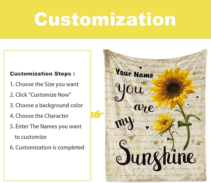 Jekeno Custom Birthday Gifts for Women Personalized Sunflower Blanket Custom Blanket with Name Flannel Throw Blankets for Bed Couch Sofa 60"x80"