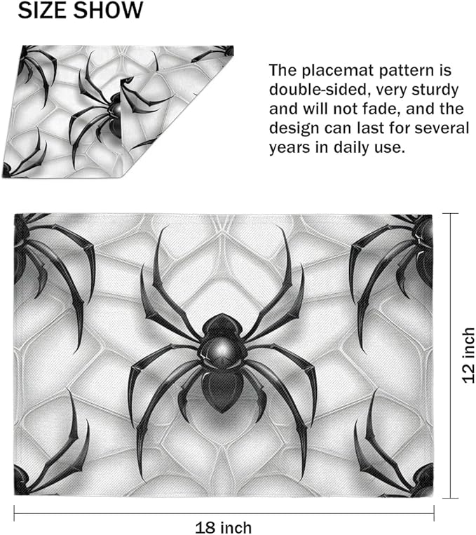 Black Spiders Placemats Set of 6, Washable Linen Place Mats, Spiders Web Table Mats for Kitchen Dining Table Decor Heat Resistant Tablemats 12x18