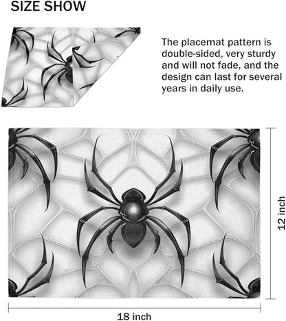 Black Spiders Placemats Set of 6, Washable Linen Place Mats, Spiders Web Table Mats for Kitchen Dining Table Decor Heat Resistant Tablemats 12x18