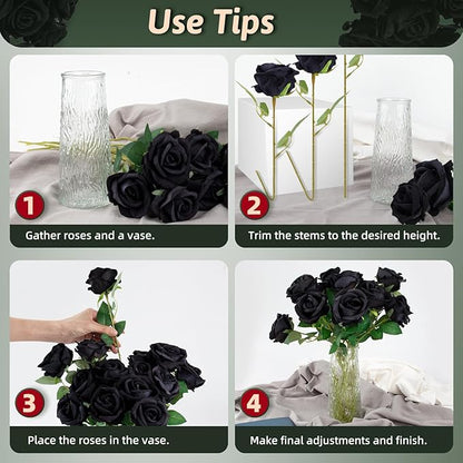 Black Roses Artificial Flowers 10 Pack in Bulk, Black Fake Roses Flowers Realistic Roses for Halloween Gothic Wedding Home Party Decoration Event Gift