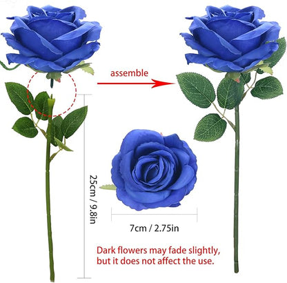 Felice Arts 12 Pack Royal Blue Artificial Flowers Blue Roses with Stems Silk Roses Fake Flowers Bouquet for Wedding Graduation Centerpiece Table Vase Home Kitchen Party DIY Decor