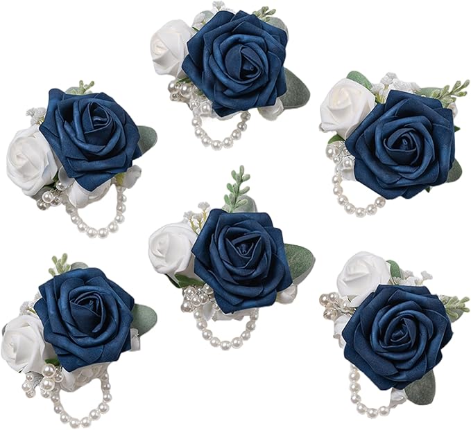 Meldel Blue Wrist Corsage,Set of 6, Prom Wrist Flower Girl/Mother Corsages Wristlet Perfect for Bride Bridesmaids Wedding Guests Hand Flower, Party, Homecoming, Ceremony Anniversary