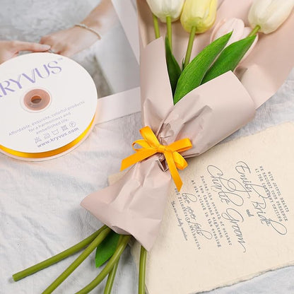 Yellow Gold Satin Ribbon, Double Faced 3/8 Inch X 50 Yards Yellow Gold Ribbon, Premium Satin Ribbon for Gift Wrapping, Crafts, Hair Bow Making, Sewing, Flower Bouquet, Wedding Party Decor
