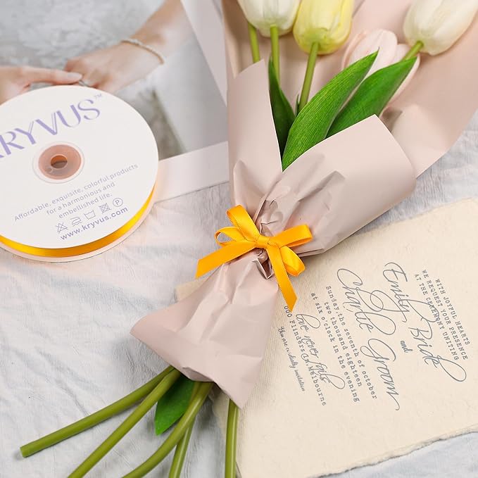 Double Faced Yellow Gold Satin Ribbon, 3/8 Inch X 25 Yards Polyester Ribbon for Gift Package Wrapping, Crafts, Bow Making, Sewing, Flower Bouquet, Wedding Party Decor
