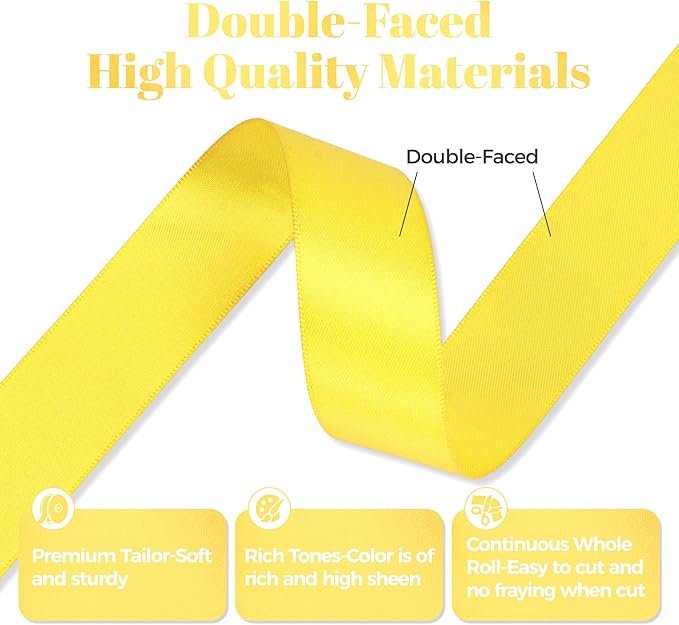 Daffodil Yellow Satin Ribbon, Double Faced 1 Inch X 50 Yards Daffodil Ribbon, Premium Satin Ribbon for Gift Wrapping, Crafts, Hair Bow Making, Sewing, Flower Bouquet, Wedding Party Decor