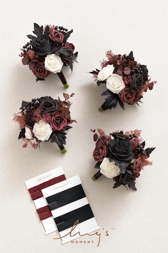 Ling's moment Artificial Flowers Gothic Bridesmaid Bouquet Set of 4, Burgundy and Black Wedding Flowers Bouquets for Bridesmaids 7 Inch Bridal Bouquets for Bridesmaids, Wedding, Ceremony, Anniversary
