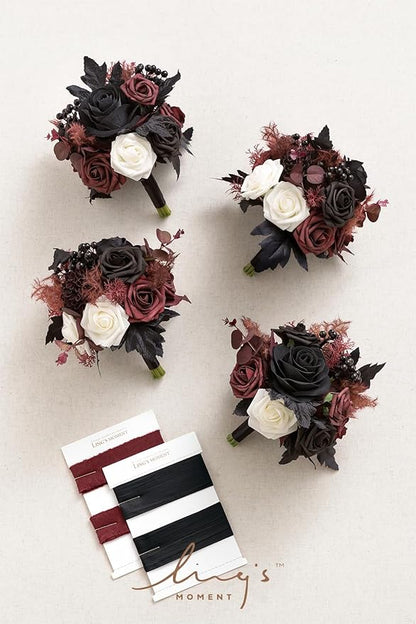 Ling's moment Artificial Flowers Gothic Bridesmaid Bouquet Set of 4, Burgundy and Black Wedding Flowers Bouquets for Bridesmaids 7 Inch Bridal Bouquets for Bridesmaids, Wedding, Ceremony, Anniversary