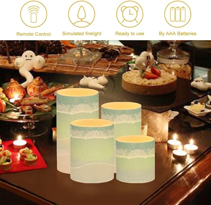Flameless Flickering Candles with Remote Set of 2, Beach Light Blue, Color Changing Battery Operated LED Candles with Timer for Home Indoor Coastal Decoration