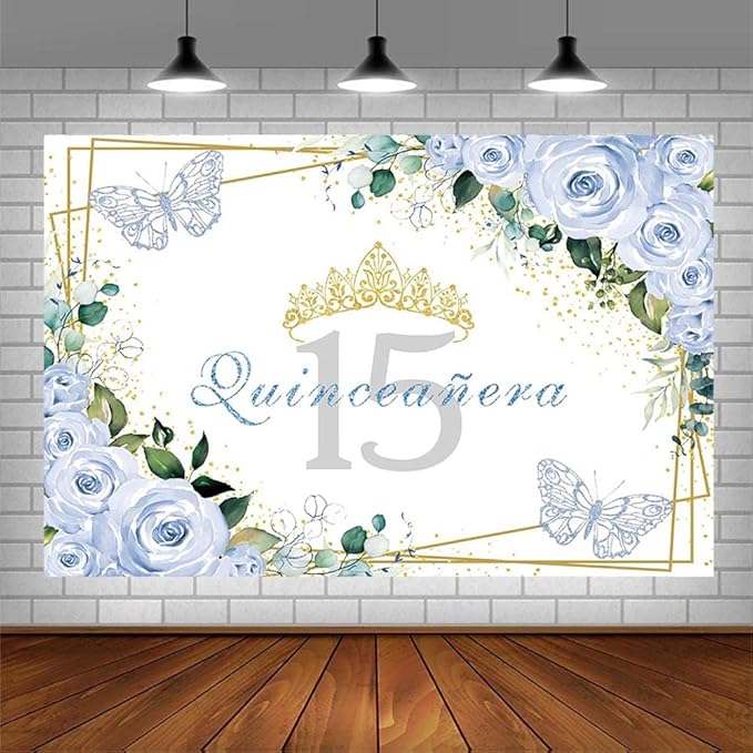 SENDY 7x5ft Quinceañera Backdrop Mis Quince 15 Anos Birthday Party Decoration Supplies for Girl Princess Blue Floral Butterfly Golden Crown Photography Background Banner Photo Booth Studio Props