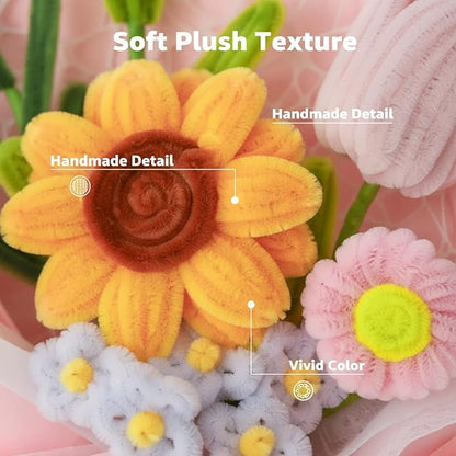 Hand-Woven Flower Bouquet Finished（1pcs） for Mother Girlfriend Birthday Gift Wedding Decoration Crochet Artificial Flower, Bouquet Gift (Sunflower Pink)