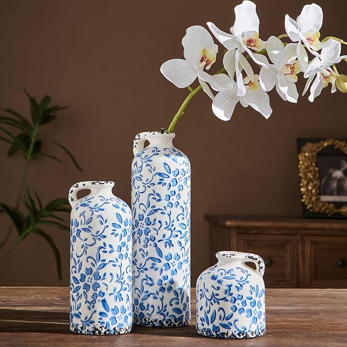Ceramic Vase Set of 3, Vintage Blue and White Vase, Chinoiserie Floral Vases, Rustic Farmhouse Ceramic Vases for Home Decor, Blue Vase for Living Room, Kitchen Island, Bookshelf, Chinoiserie Decors