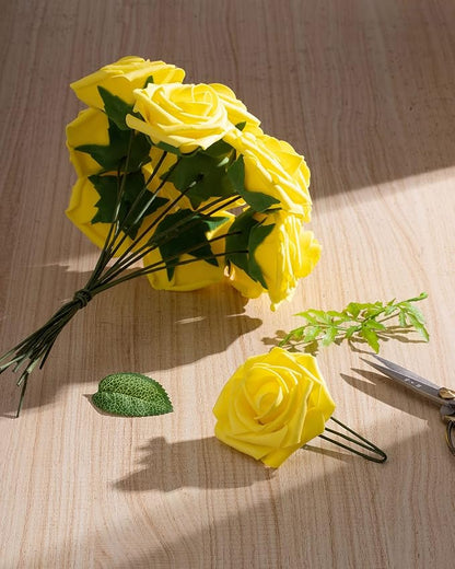 DuHouse 25Pcs Artificial Roses Flowers Fake Roses with Stems Real Touch Foam Flowers for DIY Wedding Bouquet Baby Shower Centerpiece Floral Arrangement Party Home Decor(Yellow)