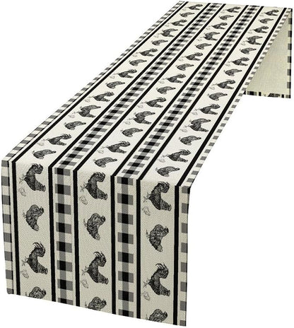 Rooster Table Runner,Farmhouse Animal Vintage Chicken Black White Plaid Check Tablecloth Burlap for Hotel Indoors Outdoor Dining Room Kitchen Home Decor,W13X L90 in