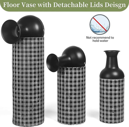 Tall Floor Vase Set of 3, Large Black Metal Vase with Minimalist White Lines & Detachable Vases Mouth, Big Modern Decorative Vases for Living Room,Hallway,Dining Rooms,Office,Kitchen.