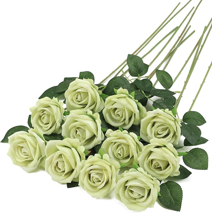 Hawesome Fake Roses Artificial Silk Flowers - 12 Pcs Green Roses Artificial Faux Flowers with Stems for Home Wedding Centerpiece Hotel Office Decor