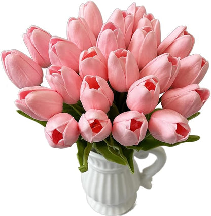 UKELER Pink Tulips Artificial Flowers Bulk 24 Pcs Fragrant Real Touch Artificial Tulip Flowers for Home Kitchen Wedding Birthday Party Decorations