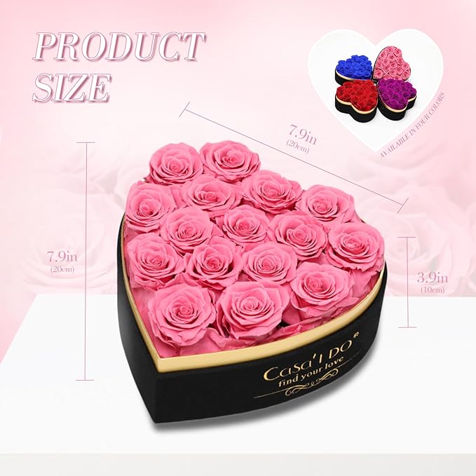 Preserved Roses Flowers for Delivery 16 Pcs, Forever Flores in Heart Box with Necklace, Eternal Rose Anniversary Birthday Gift for Women Wife Girlfriend, Rosas for Valentines Christmas, Pink