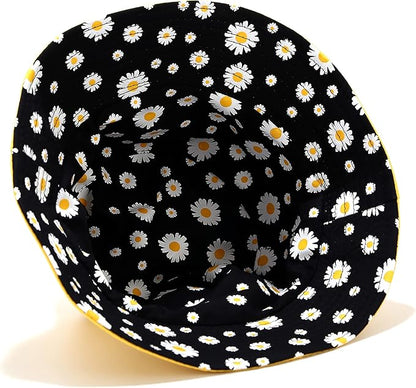 Flower Reversible Bucket Hat Cotton Summer Travel Beach Sun Hats Emboridery for Women Men