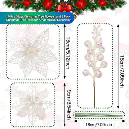 22Pcs Christmas Poinsettia Artificial Flowers and Glitter Berries Stems Kit, 16Pcs Glitter Christmas Tree Flowers Ornaments and 6 Pack Christmas Tree Picks for Wedding Xmas Holiday Decorations(White)