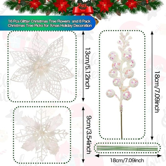 22Pcs Christmas Poinsettia Artificial Flowers and Glitter Berries Stems Kit, 16Pcs Glitter Christmas Tree Flowers Ornaments and 6 Pack Christmas Tree Picks for Wedding Xmas Holiday Decorations(White)
