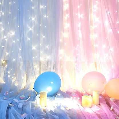 10ft x 8ft Pink Blue Tulle Photo Backdrop Curtain with Lights String for Gender Reveal Sheer Curtain Back Drop Baby Shower Backdrop for Boy or Girls Birthday Party Photo Booth Background Decorations