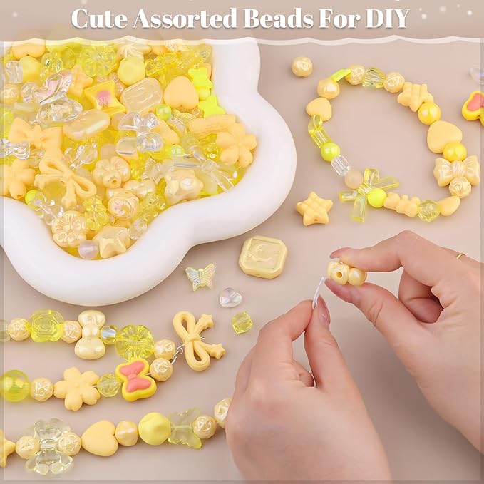Assorted Acrylic Beads, 200-260PCS Yellow Cute Beads for Bracelet Making, GummyBear Bow Flower Candy Kawaii Charms for Jewelry Making DIY Necklace Keychain Phone Charm Christmas Gift