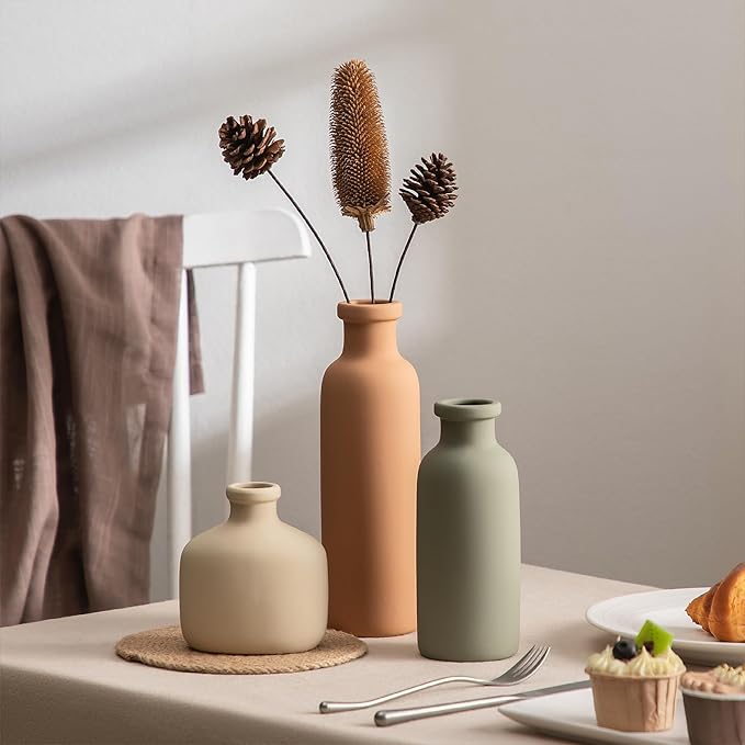 Ceramic Vase Set of 3 - Rustic Vases Set for Flower Centerpieces Pampas Grass - 3 Bud Vase for Decor - Modern Decoration Terracotta Vases for Home Farmhouse Table Office, Mini Pottery Vase by Lyeec