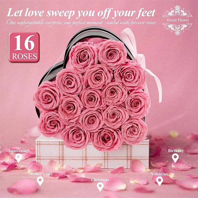 16 Forver Preserved Flowers in a Heart Box, Flowers for Her,Eternal Roses Flowers for Delivery Prime, Flowers Birthday Gifts for Women Mom Grandma Wife - Pink
