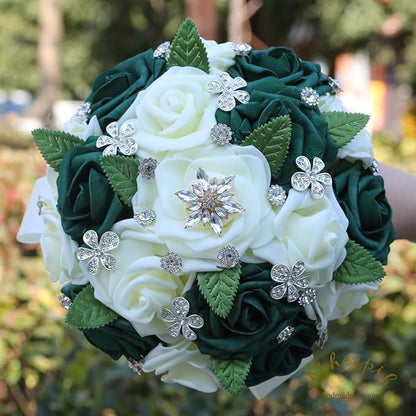 Lightweight Bridal Wedding Bouquet Round Holding Bouquet Throw Toss Artificial Rose Flower Bunch for Bride Bridesmaid Wedding Quinceanera (Cream & Dark Green, 7.9")