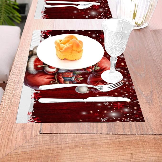 PVC Placemats Set of 1 Wipeable Table Mats Washable Heat Resistant Non Slip Vinyl Dining Table Mat for Kitchen Indoor Outdoor Patio Farmhouse Place Mats Red Santa Claus Gnome Decorative