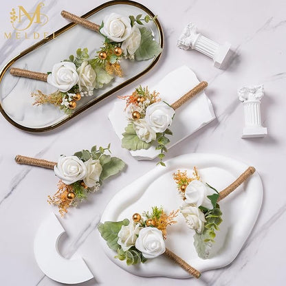 Meldel White Boutonniere for Men Wedding,Set of 6,Groom and Groomsman Boutonniere for Wedding,Greenery Rose Corsage for Men Ceremony Anniversary Party Prom Homecoming