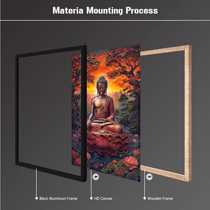 Golden Buddha on lotus seat serene meditation statue amidst lush trees flowing water and sunrise light spiritual home art for a tranquil decor 20x30in Metal blackFramed