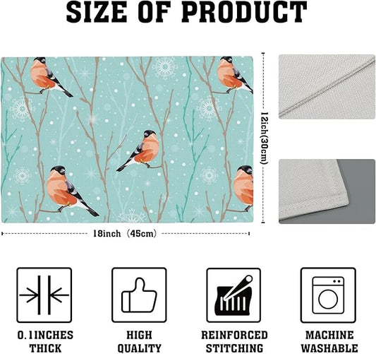 Christmas Snowflakes Placemats Set of 4,Bullfinch Placemats Dining Table Mat Set,12x18 Washable Stain Resistant Wipeable Cloth Placemat for Kitchen Buffet Parties