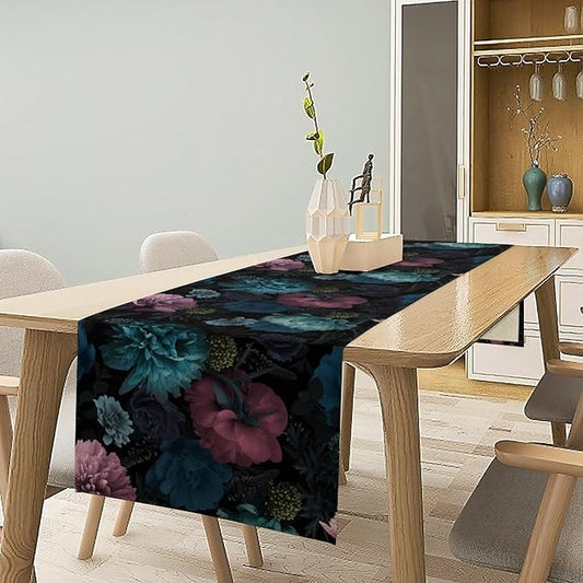 Blue Pink Flowers Table Runner, Boho Rose Flower Blossom Rustic Vintage Garden Peonies Spring Table Runner for Home Kitchen Dining Table Indoor Outdoor Party, 13x120inch