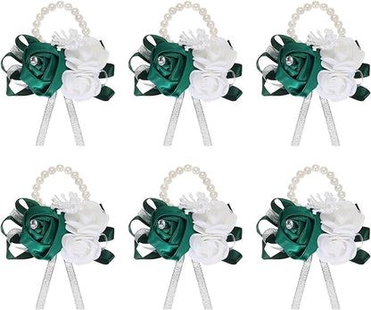 MECCANIXITY 6Pcs Wrist Corsage Artificial Flower Bracelets Rose Wrist Bride Groom Decorative for Wedding Ceremony Prom Party Anniversary Dark Green