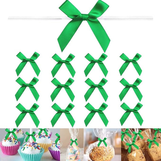100 Pieces 3 inch Satin Ribbon Twist Tie Bows, Pretied Bows with Twist Ties, Twist Bows Treats Bags, Bow Ties for Treats, Cake Pops, Baby Shower, Crafts, Gift Wrapping Favors, Cookies (Green)