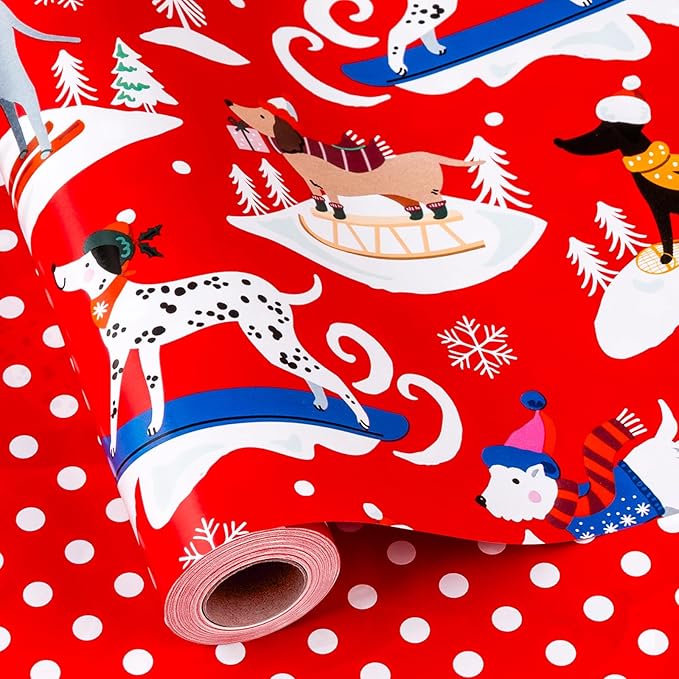 Yarcony Dog Christmas Wrapping Paper Roll, Red Wrapping Paper, Reversible Funny Skiing Puppy and Polka Dot Design Kid Christmas Gift Wrap Paper for Winter Holiday, Dog Lover (17 Inch X 33 Feet)