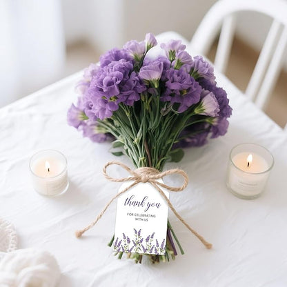 G2PLUS 50Pcs Lavender Thank You Tags - Floral Gift Tags with String, Thank You for Celebrating with Us Tag, White Paper Party Favors Hangtag for Wedding, Baby Shower, Bridal Shower, Birthday
