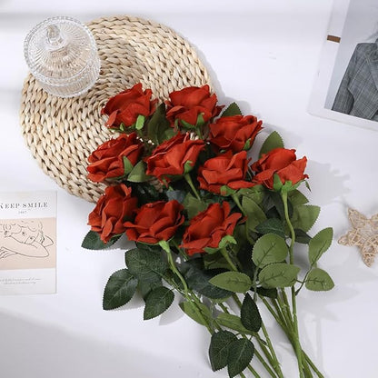 Laelfe 12 PCS Artificial Flowers Roses Silk Flowers Fake Long Stem Artificial Roses for Home Wedding Bathroom Kitchen Decorations(Brown Orange)