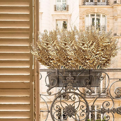 PASYOU Artificial Plants, Golden Fake Flowers Decoration for Christmas Plastic Boston Grass Faux DIY Crafts Indoor Outdoor Home Décor Garden Party Room Bedroom Wedding Table Centerpiece, Gold 2 Pack