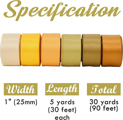 HUIHUANG Gold Ribbon for Gift Wrapping, 1" Assorted Satin Ribbon for Flower Bouquet, Crafts, Bows Making, Holiday Home Decor - 6 Rolls