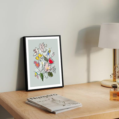 Floral Framed Wall Art for Living Room, Colorful Abstract Paintings, Botanical Poster Art, Green Flower and Bird Canvas Prints, Hummingbird Wall Decor for Bedroom Apartment Dorm Gallery, Modern floral illustration, Gifts for Friends or Family - 16" x 12"