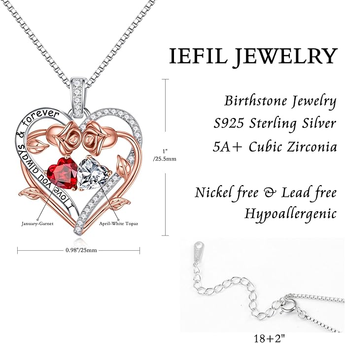 Iefil Rose Heart Double Birthstone Necklace Gifts for Wife Her Mom Women, Birthstone Jewelry Gemstone Birthday Gifts for Girlfriend Grandma Her Wife Women
