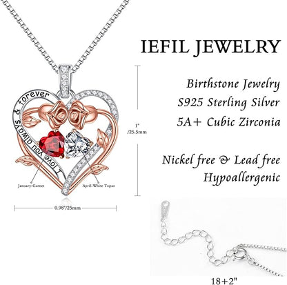 Iefil Rose Heart Double Birthstone Necklace Gifts for Wife Her Mom Women, Birthstone Jewelry Gemstone Birthday Gifts for Girlfriend Grandma Her Wife Women