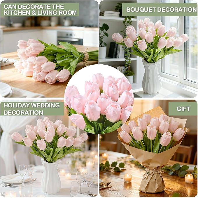 Artificial Flowers Mother's Day Easter Valentine's Day Gifts, Artificial Flowers Fake Tulips Flowers Home Kitchen Wedding Table Decorations a Bunch of 20 Light Pink Tulips