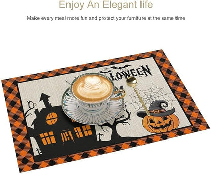 Halloween Placemats Cartoon Retro Funny Horror Castle Spider Web Magic Witch Pumpkin Bat Pumpkin Placemats Table Kitchen Dining Party 12x18 Inch Set of 6