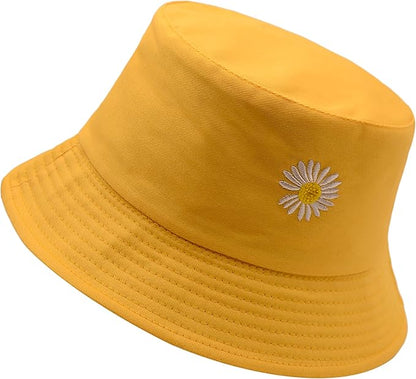 Flower Reversible Bucket Hat Cotton Summer Travel Beach Sun Hats Emboridery for Women Men