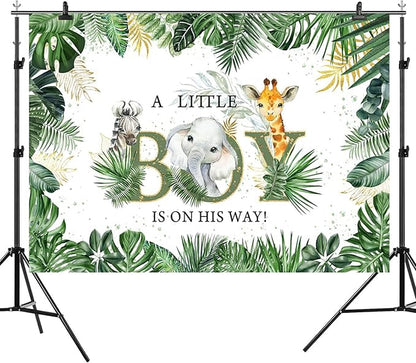 10x6.5ft Baby Shower Backdrop A Little Boy is On His Way Photography Background Jungle Animals Elephant Giraffe Green Gold Leaves Kids Party Banner Decorations Newborn Parties Photo Booth Prop